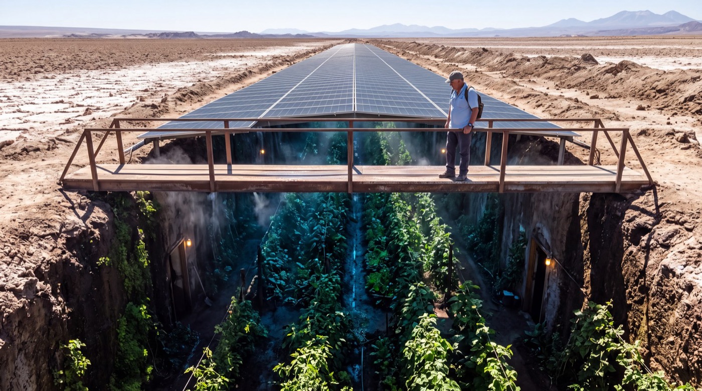 A deep trench cut through bare desert, roofed edge to edge with solar panels; below the canopy, lit rows of green crops and a misted walkway, a man standing on a bridge above it.