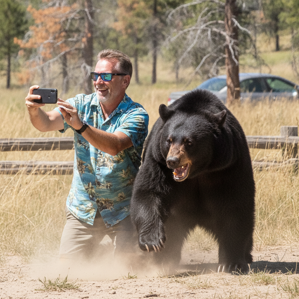A tourist in a loud shirt grins at his phone held out for a selfie while an agitated black bear, ears back and mouth open, strides toward him through the dust.